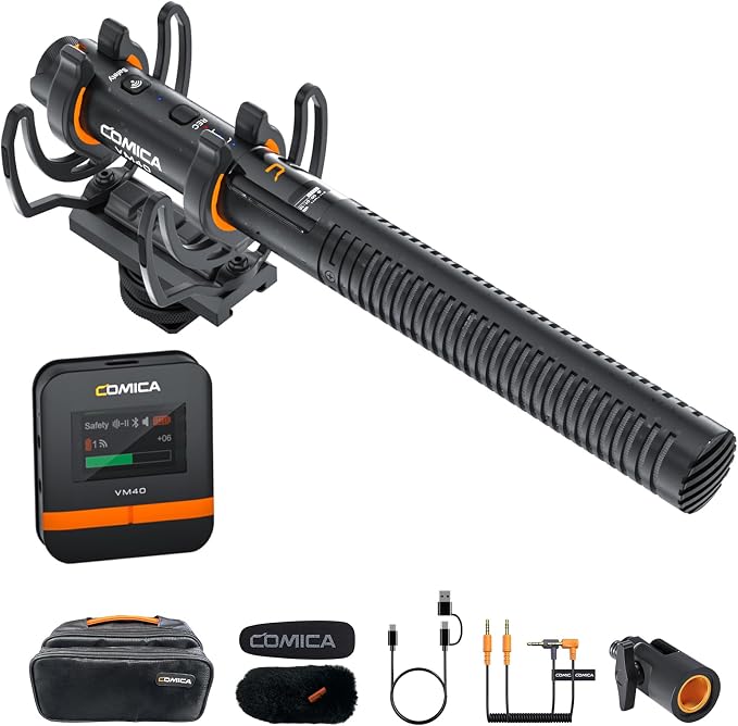 COMICA VM40 Wireless Shotgun Microphone with 48kHz/32-bit Float Recording | Wired & Wireless Modes, 32GB File Storage, 32H Working, 656ft Range, for Canon, Nikon, Sony, Phone, Filming, Video Recording by COMICA
