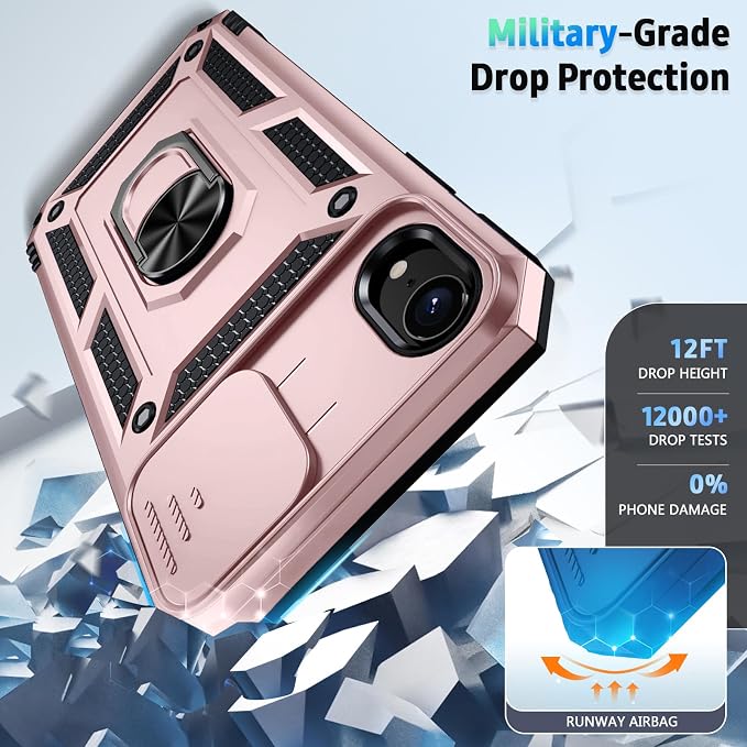 for iPhone XR Case with Camera Lens Cover, HD Screen Protector, 10 FT Military Grade Drop Protection, Magnetic Ring Holder Kickstand Protective Phone Case, Rose Gold - Image 4