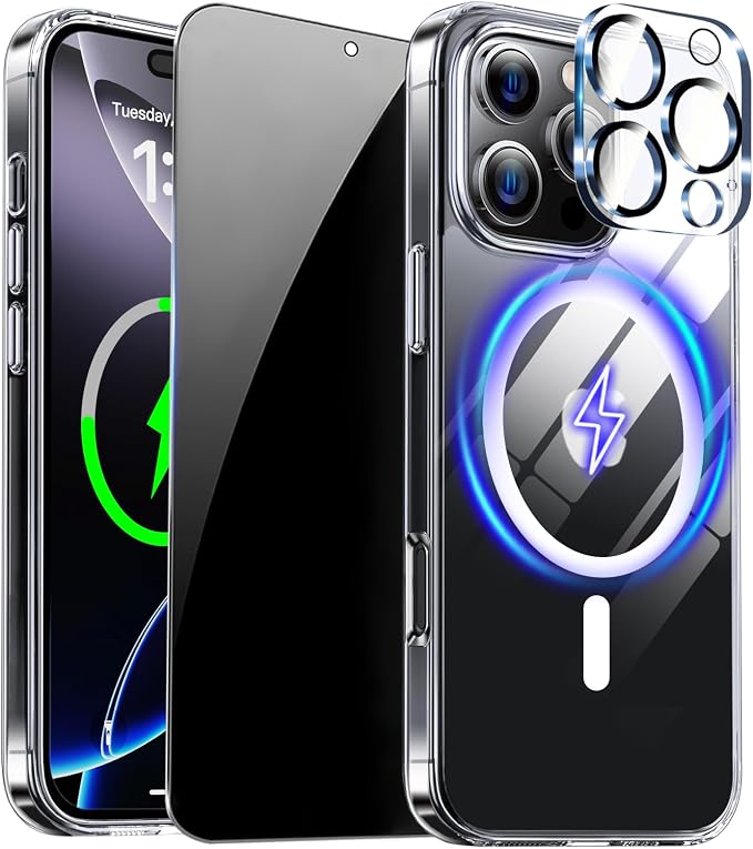 for iPhone 16 Pro Case Clear with Privacy Screen Protector | Full Camera Protection, Magnetic, Compatible with MagSafe, Shockproof Phone Cover for iPhone 16 Pro Transparent by ZOZDOKG
