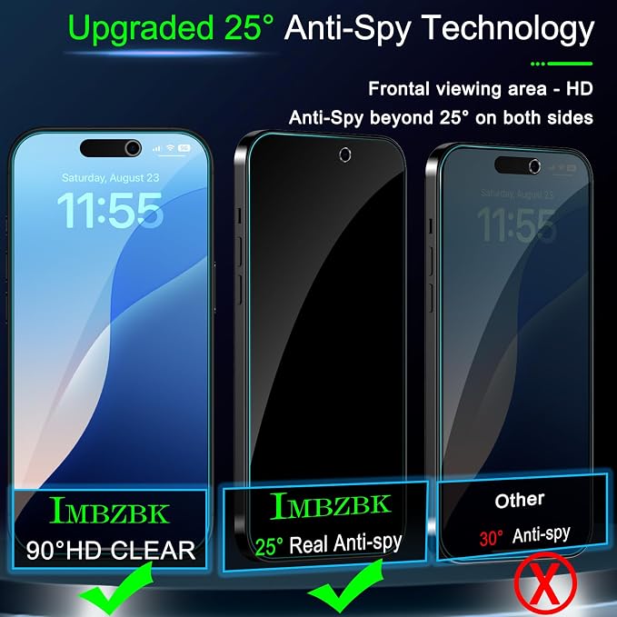IMBZBK 3 Pack Privacy Screen Protector for iPhone 17, Tempered Glass | 9H+ Hardness, Military Grade Shatterproof, Case Friendly, Bubble Free Auto-Dust Removal, with 3 Camera Lens Protectors - Image 2