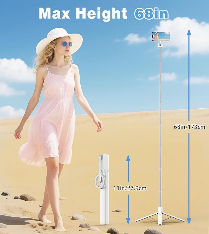 TONEOF 68" Magnetic Aluminum Phone Tripod Selfie Stick for iPhone & Android | Rechargeable Remote,360° Rotatable Foldable Cell Phone Stand Holder with Metal Ring,Travel Tripod for Magsafe (White) - Image 4