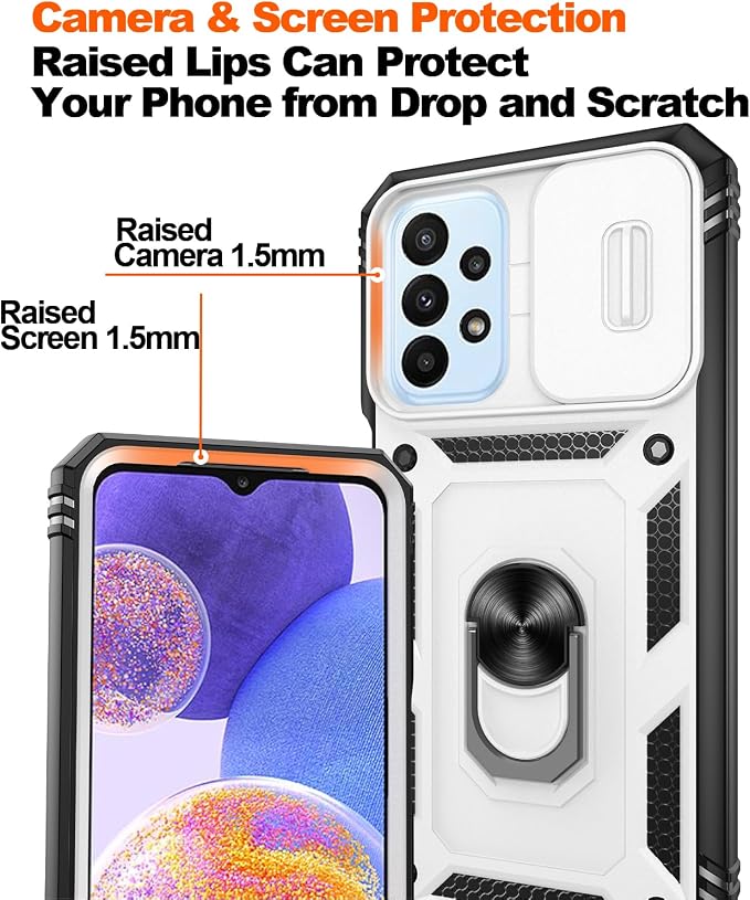 Gritup for Galaxy A23 5G Case Military-Grade Shockproof with Kickstand | (   ) with 2 PCS Screen Protector, Slide Camera Cover, Heavy Duty Funda para A 23 5G Cover, White+Black - Image 5