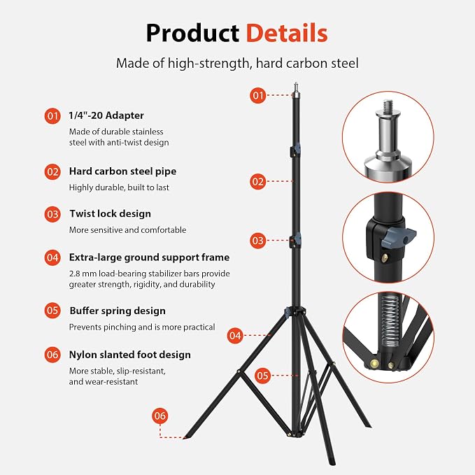10ft 118" Heavy Duty Photography Light Stand, Ringlight Tripod-Ø32mm | 10ft Ø32mm heavy-duty photography light stand with 1/4" screw, height adjustable support for ringlight studio Reflectors - Image 6