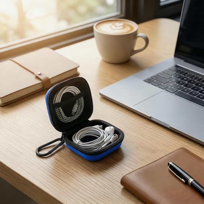 Square Earbud Case with Carabiner, Portable Small Carrying Pouch for Wired/Wireless Earphones, EVA Travel Organizer Box for Charging Cables, USB Flash Drives, SD Cards, Blue - Image 5