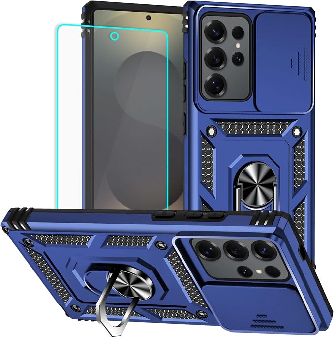 HNHYGETE for Samsung Galaxy S25 Ultra Case with Screen Protector: [Military Grade 20ft. Drop Tested] Slide Camera Cover Ring Shockproof Protective Phone Case for - Galaxy S25 Ultra (Blue) by HNHYGETE
