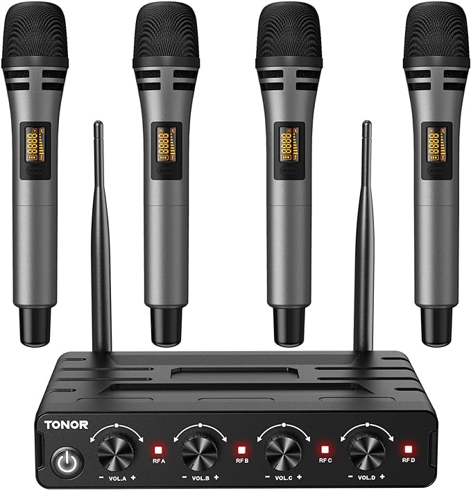 TONOR Wireless Microphones System, Handheld Microfono Inalambrico, Gray | 4x10 Channels Cordless Mics, 60 m/200FT UHF Range with Stable Signal Transmission for Karaoke Singing Party Church Wedding by TONOR