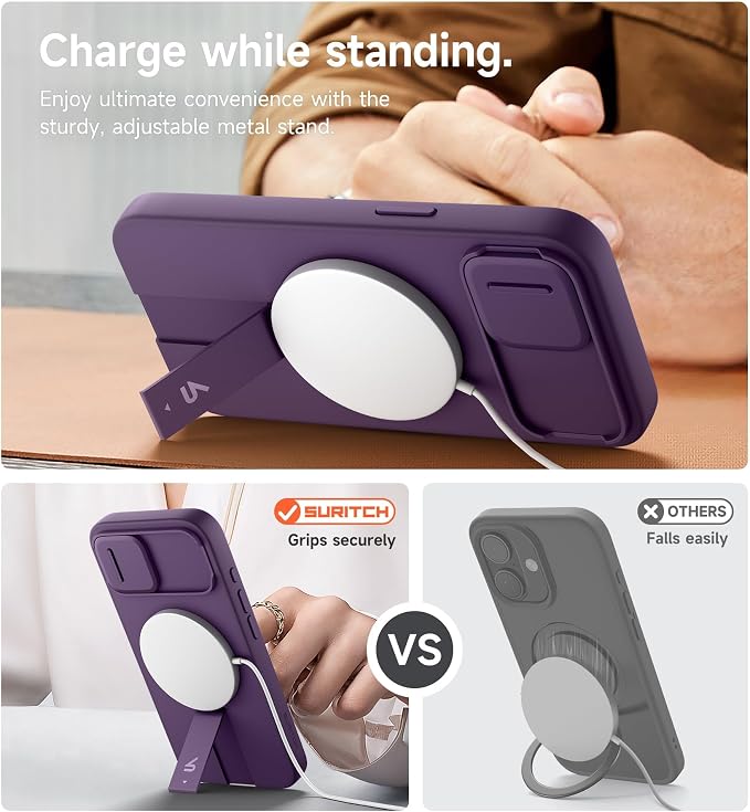SURITCH for iPhone 17e/16e Case with Magnetic Camera Slide Cover and Adjustable Kickstand, Compatible with MagSafe, Shockproof Bumper Case Slim Protective Cover 6.1 Inch,Dark Purple - Image 5
