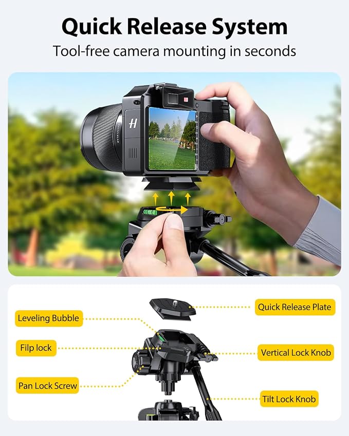 UBeesize 74" Camera Tripod with Phone Holder and Remote, Heavy Duty Tripod Stand with Portable Bag for Phone and Camera, Compatible with DSLR Cameras, Cell Phones, Spotting Scopes and Binoculars - Image 5