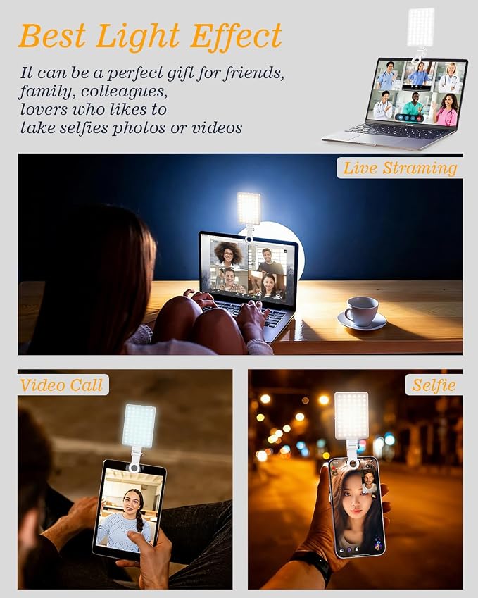 60 LED Portable Selfie Light Video Conference Lighting with Clip & Camera Tripod Adapter Rechargeable 2000mAh CRI 97+, 3 Light Modes for Phone iPhone Webcam Laptop Photo Makeup (Pure White) - Image 9