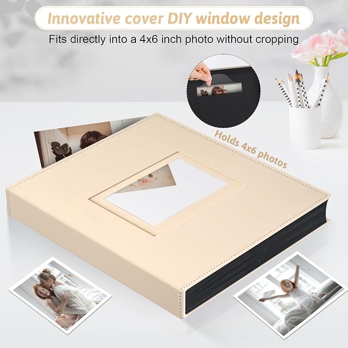 Popotop 4x6 Photo Album Holds 300 Pictures, Vegan Leather Hardcover | 300-Photos Capacity, Acid-Free PP Slip-In Pockets, Mixed-Orientation Layout, Front Photo Window, Gifts for Wedding Baby - Image 2