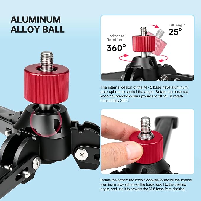 M-5 Tripod Base, Longer Desktop Tripod with Three Upgraded Extended-Leg, 3/8" Screw Monopod Stand Support for Ball Head/Fluid Head DSLR Camera Camcorder, Tilt 20° & Rotate 360° (Red) - Image 3