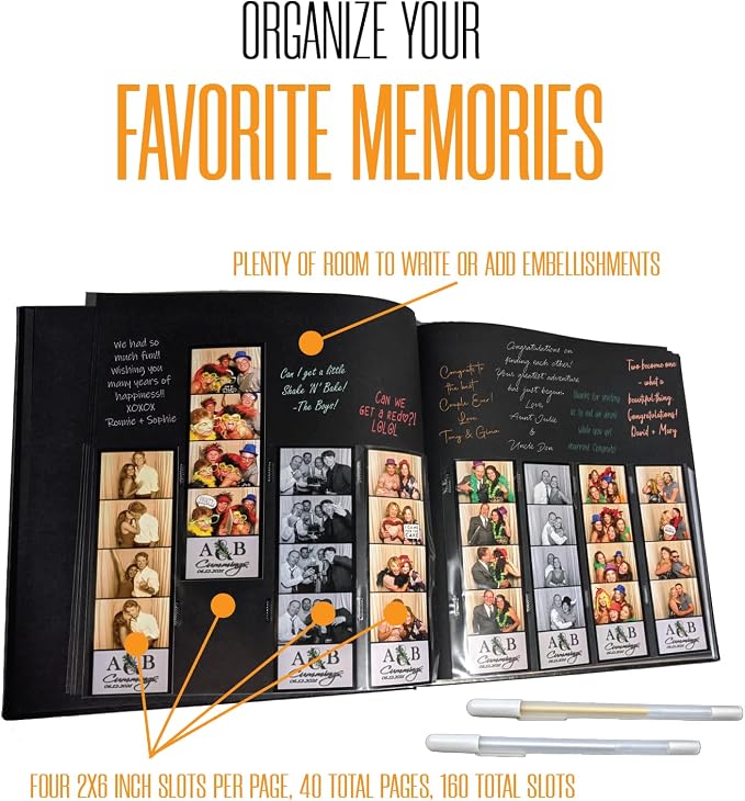 2x6 Photo Strip Album, Black Cover Black Pages, 2 Gel Pens | Leather-cover photo strip scrapbook journal holds 2x6 photos. Album guest book for weddings, graduations, anniversaries. - Image 4