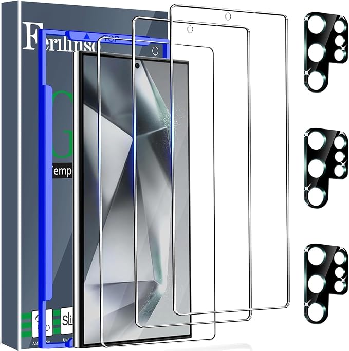 Ferilinso Screen Protector for Samsung Galaxy S24 Ultra, Tempered Glass | 3 Pack, 9H+ Military-Grade Shatterproof, HD Clear, Case Friendly, Easy Installation Bubble Free, with Camera Lens Protector by Ferilinso