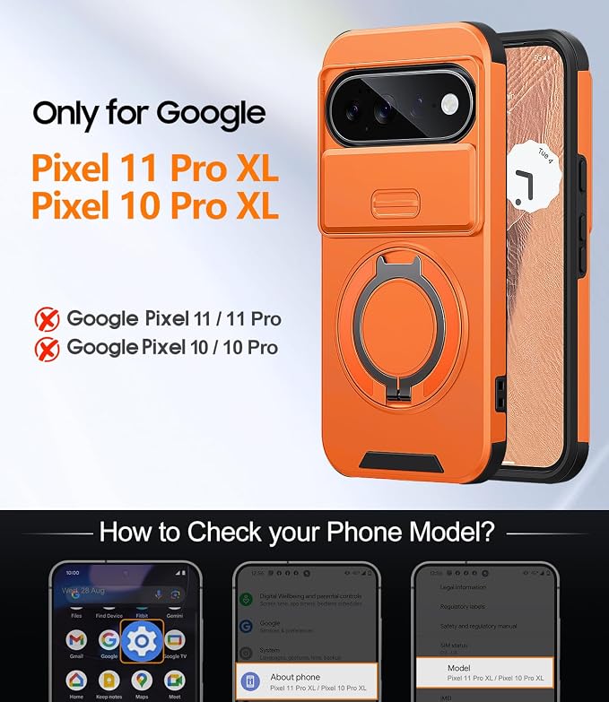 JAME for Google Pixel 10 Pro XL/11 Pro XL Case, Stand & Slide Camera Cover | Ring Holder Kickstand, Screen Protectors, Dual-Layer Shockproof Protective, Magnetic Accessory Friendly Phone Case, Orange - Image 2