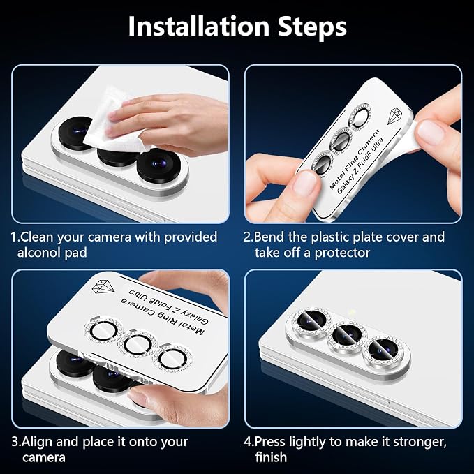 for Samsung Galaxy Z Fold 8 Ultra Camera Lens Protector, Individual Metal Ring Tempered Glass Lens Cover, [Strong Adsorption] Scratch Resistant Ultra-Thin HD Clear Lens Cover, 1 Set-Slivery Diamond - Image 7