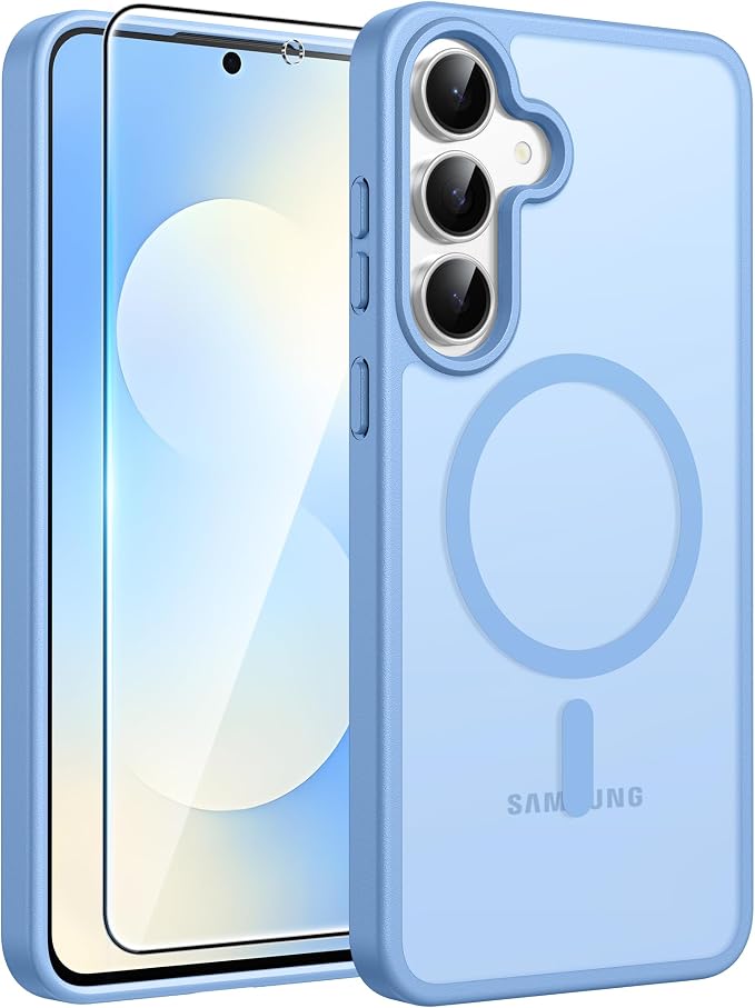 FNTCASE for Samsung Galaxy S25 FE Case, Fit for Magsafe, Screen Protector | Translucent Matte Magnetic Back, 14FT Military Grade Drop Protection, Slim Shockproof Protective Phone Cover, Light Blue by FNTCASE