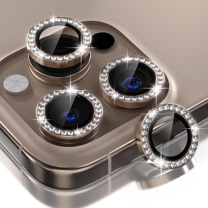 Choiche for iPhone 16 Pro/iPhone 16 Pro Max Camera Lens Protector | Ultra HD, Bling 9H Tempered Glass Camera Cover Screen Protector Metal Ring Decoration Accessories (Diamond-Titanium Desert) by Choiche