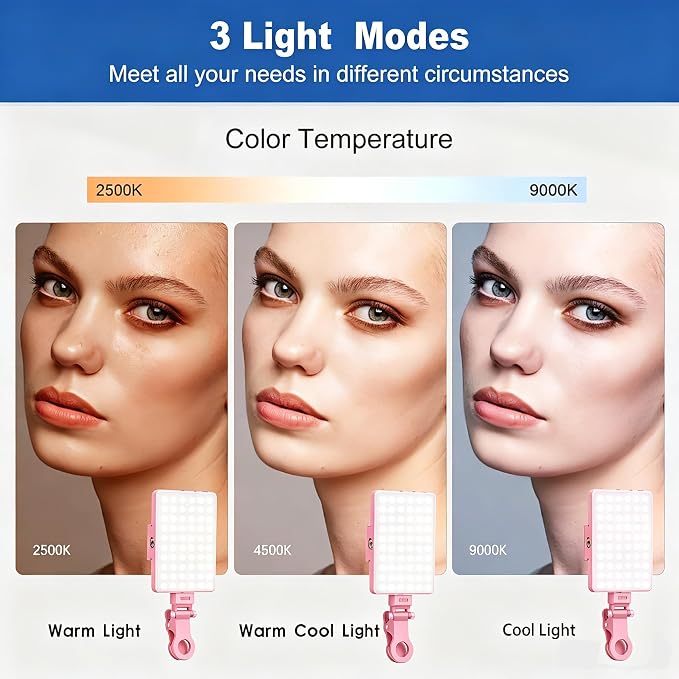 Selfie Light, Phone Light with Front & Back Clip, 60 LED Portable Light with 3 Modes, 5000mAh Rechargeable Video Light for Phone, iPhone, IPad, Laptop, TikTok, Makeup, Lighting Monolights(Pink) - Image 3