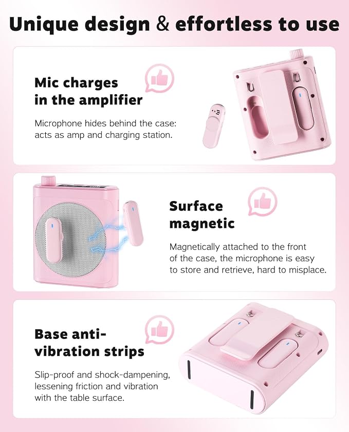 Tearstone Voice Amplifier for Teachers with Bluetooth, Dual Magnetic Mics | Portable Rechargeable Speaker with Clip-On Lapel Microphones for Classroom, Tour Guide, Public Speaking, Training (Pink) - Image 6
