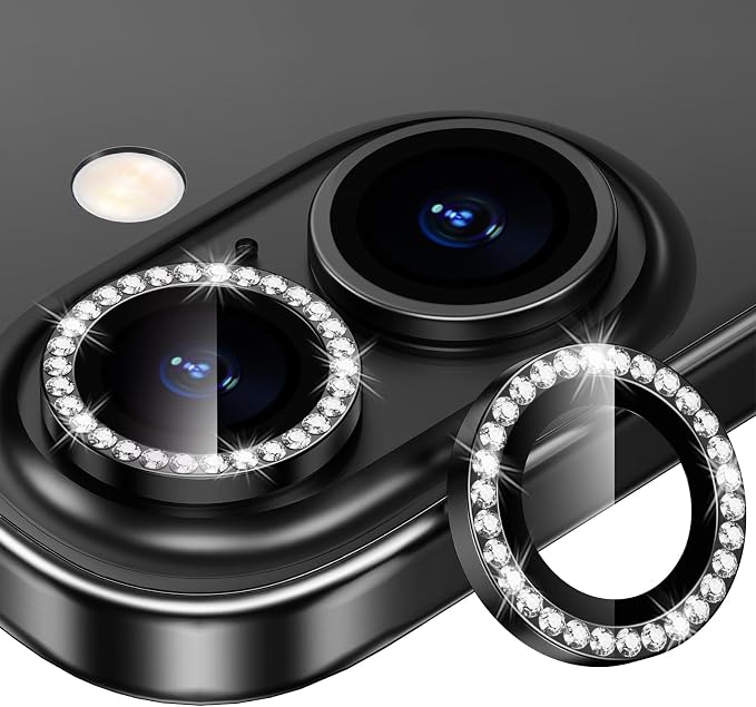 for iPhone 16/16 Plus Camera Lens Protector Bling Diamond, Black | Individual Metal, 9H Hardness, Scratch Resistant, Shockproof, Drop Protection, Case Friendly, Stylish Accessories by Xfilm