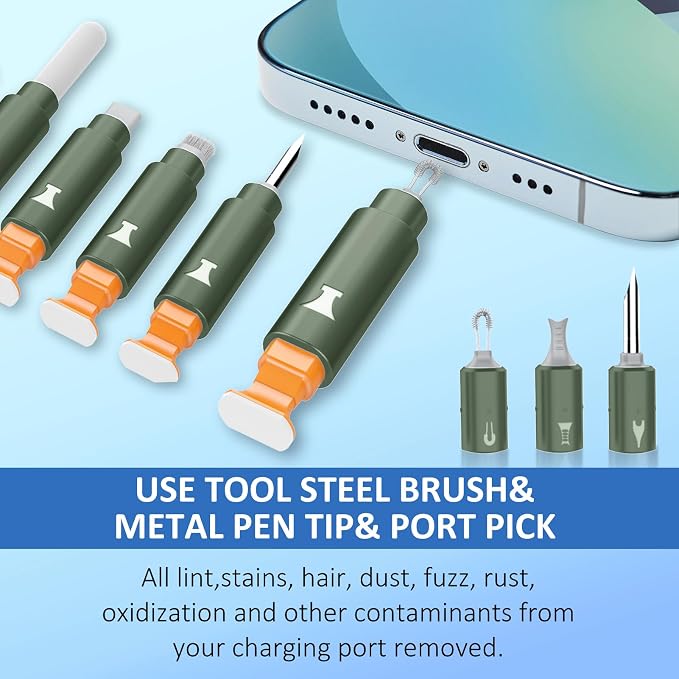 iPhone Cleaning Kit for Charging Port Cleaner AirPod Phone, Army Green | Multi-Tool, iPhone Cleaner, Repair Lightning Cable USB C Speaker Charger iPad Connector, Compact Portable, with Storage Case - Image 3