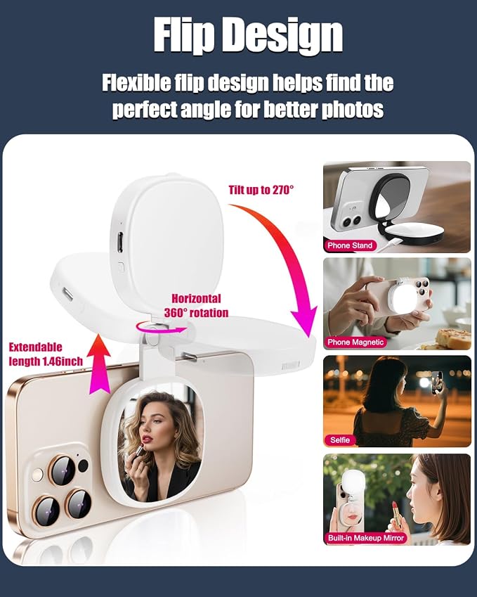 Magnetic Selfie Light, Foldable LED Ring Fill Light with Mirror, White | Rechargeable Portable Phone Lamp Compatible with iPhone & Android for Selfies, Vlog, Makeup & Photography Accessories - Image 5
