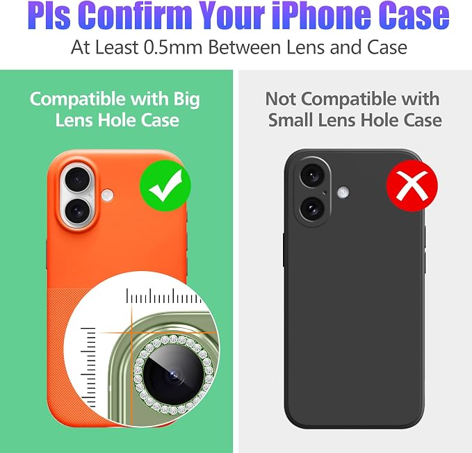 AGVEE 3+3 6 Pack for iPhone 17 Camera Lens Protector Cover | Individual Bling Diamond & Bling Glitter Sparkle Cute Gem Metal Ring, 9H Tempered HD Glass - Image 3