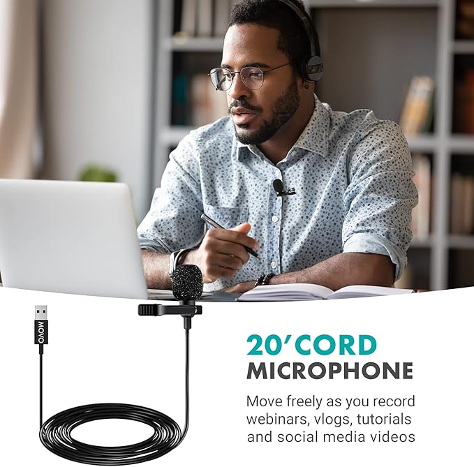 Movo M1 USB Lavalier Lapel Clip-on Omnidirectional Computer Microphone for Laptop, PC and Mac, Perfect Podcasting, Gaming, Streaming and Desktop Mic (20-Foot Cord) - Image 5