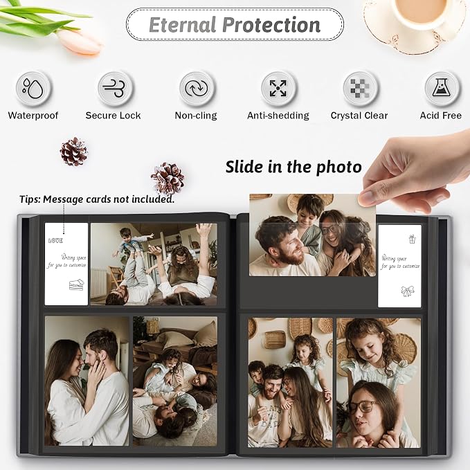 Popotop 4x6 Photo Album Holds 300 Pictures, Vegan Leather Hardcover | 300-Photos Capacity, Acid-Free PP Slip-In Pockets, Mixed-Orientation Layout, Front Photo Window, Gifts for Wedding Baby - Image 3