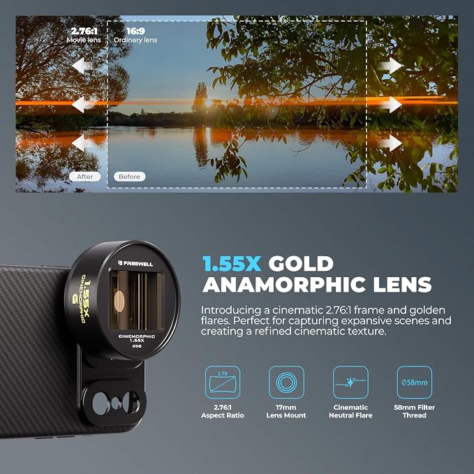 Freewell 1.55x Gold Anamorphic Lens for 17mm Mount iPhone, Samsung | Advanced Smartphone Lens for Wide Cinematic View, Golden Flares, and Enhanced Video Clarity - Image 2