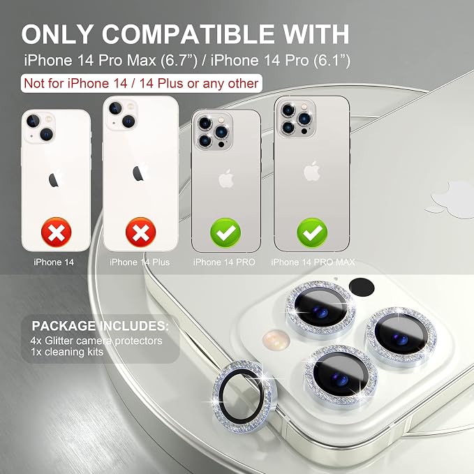 Choiche for iPhone 14 Pro/iPhone 14 Pro Max Camera Lens Protector | Ultra HD, Bling 9H Tempered Glass Camera Cover Screen Protector Metal Ring Decoration Accessories (Glitter-Silver) - Image 2