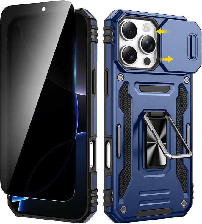 VEGO for iPhone 16 Pro Case with with Privacy Screen Protector and Stand | Slide Camera Cover & Ring Kickstand Military Grade Heavy Duty Protection Cover for iPhone 16 Pro 5G 6.3 Inch - Blue by VEGO