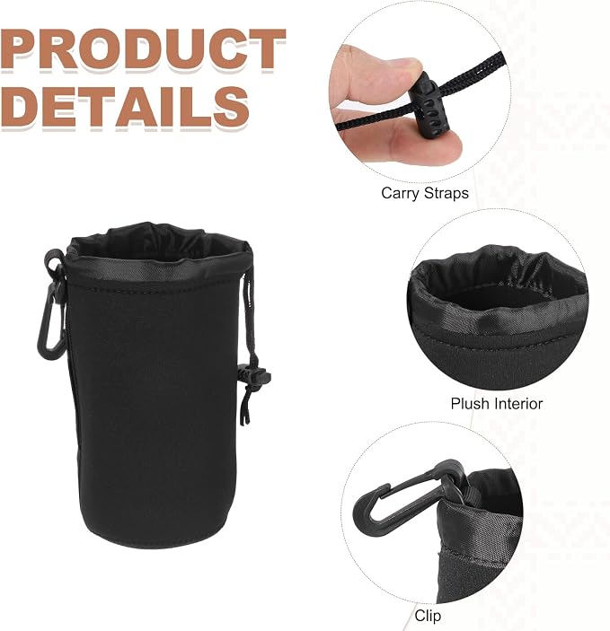 PATIKIL 3 Pcs Camera Lens Pouch, 4" ID x 7" H Drawstring Lens Pouch Protective Camera Lens Case Bag Soft Plush Neoprene Bag for DSLR Photography Gear, Black - Image 3