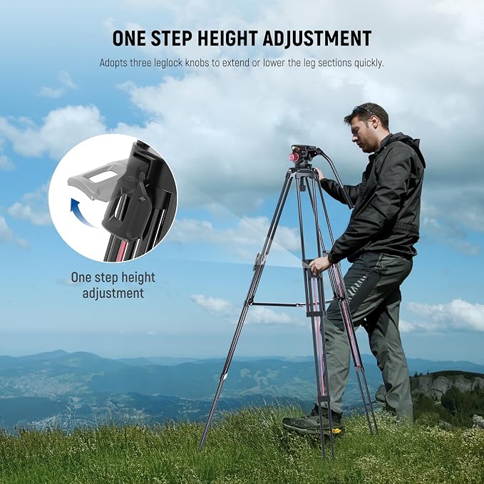 NEEWER 79"/2m Video Camera Tripod with Fluid Head, One Step Quick Release Aluminum Heavy Duty Tripod Stand with QR Plate Compatible with Canon Nikon Sony DSLR Camera Camcorder, Max Load 17.6lb, LL38 - Image 3