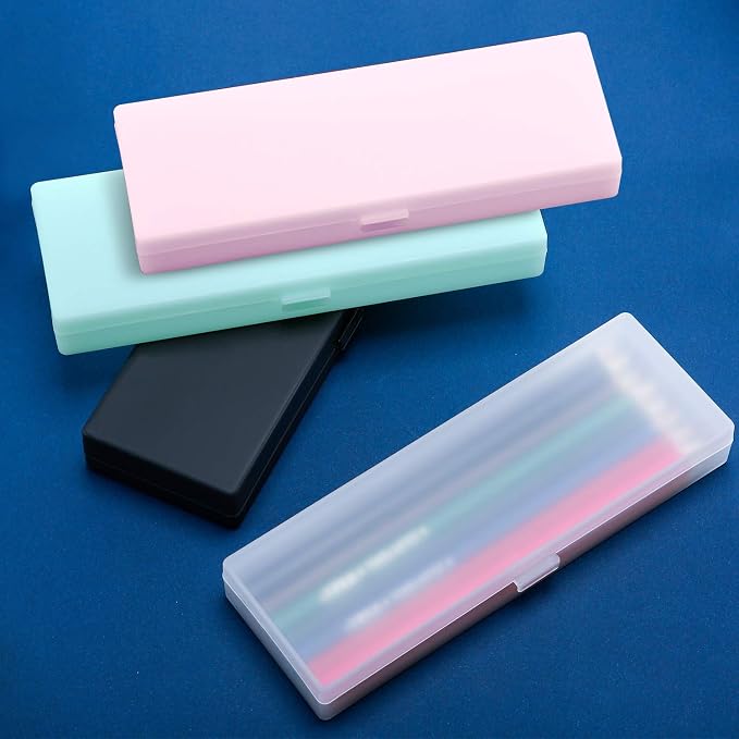 Chinco 4 Pieces Plastic Pencil Case Plastic Stationery Case with Hinged Lid and Snap Closure for Pencils, Pens, Drill Bits, Office Supplies (Black, Pink, White, Green) by Chinco