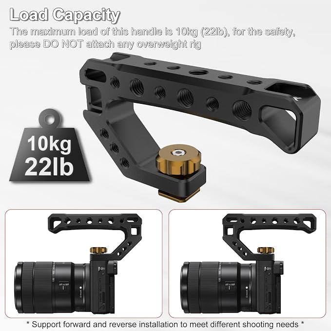 Top Handle with Cold Shoe Mount, Lightweight Handle Grip for Camera Cage, Universal Camera Top Handgrip with 4 Cold Shoe and 1/4" & 3/8" Holes for Camera Cage, Microphone, LED Light, Monitor - Image 2