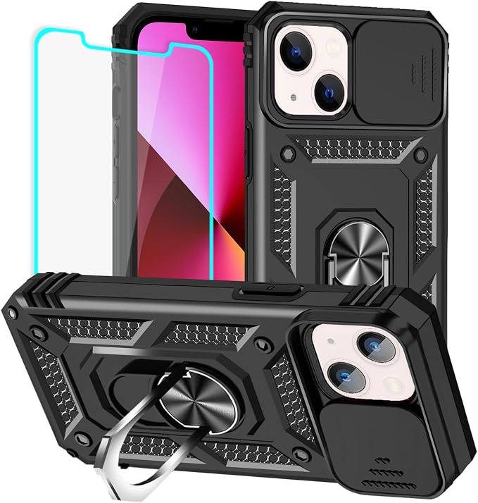 HNHYGETE for iPhone 13 Case with HD Screen Protector: [Military Grade 20ft. Drop Tested] Slide Camera Cover Ring Shockproof Protective Phone Case for - iPhone 13 (Black) by HNHYGETE