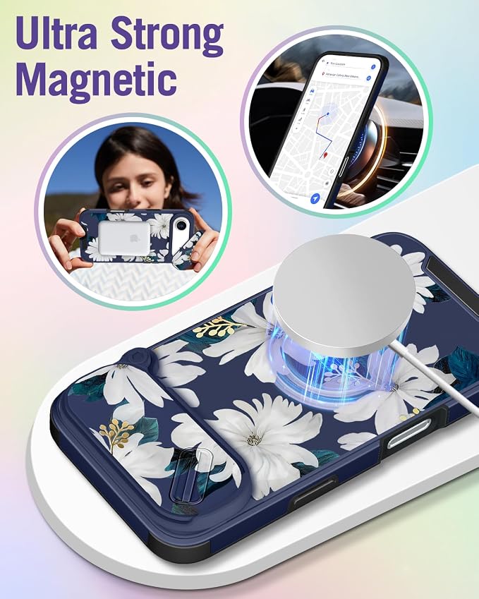 Buleens for iPhone 17 Air Case 6.5 Inch - with Ring Stand & Camera Cover Aesthetic Cute Designed Women Girls Kawaii Pretty Girly White Floral Phone Case for iPhone 17 Air Compatible with Magsafe - Image 4