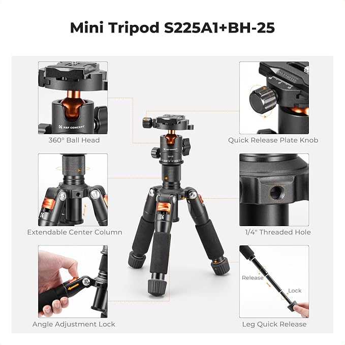K&F CONCEPT 20.5" Mini Desktop Tripod | 360 Degree Ball Head, 1/4 inch Quick Release Plate, For Camera Video Camcorder, Load up to 13.22 lbs/6 KG. S225A0+BH-25L - Image 3