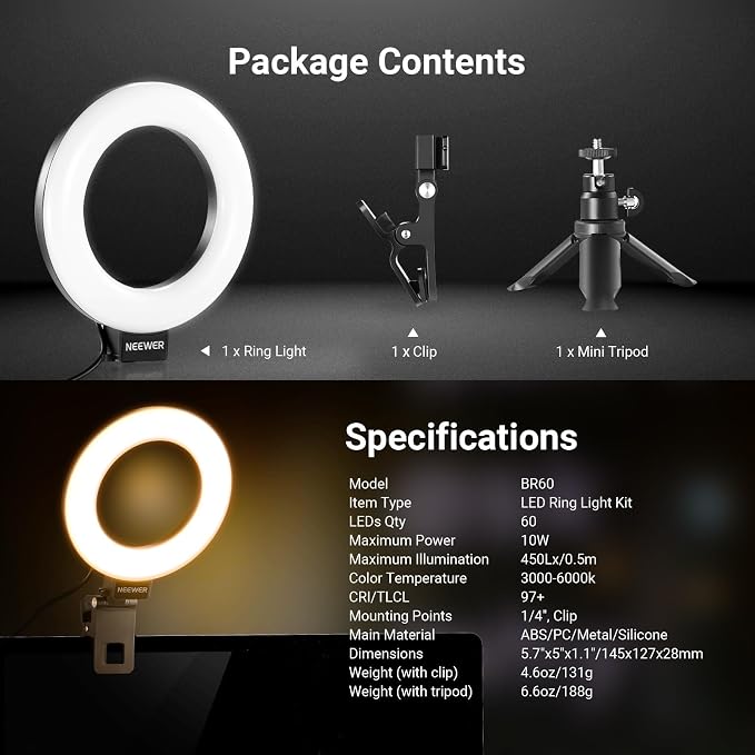 NEEWER Basic 5" Ring Light for Video Conference Lighting, Clip on Light Kit with Desk Tripod Stand for Monitor Laptop Computer Zoom Call Live Streaming Remote Working Learning Video Recording, BR60 - Image 8