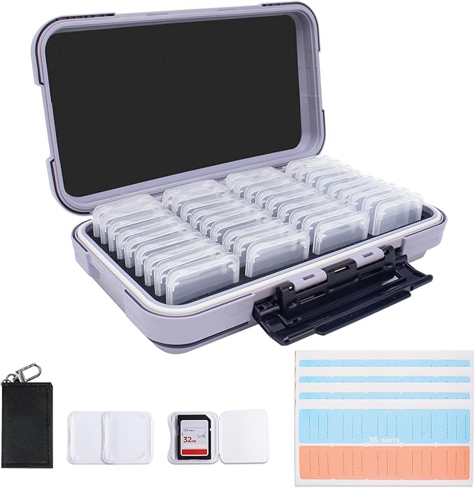 36-Slot SD Card Holder, Gray Memory Card Case with 36 Card Cases | SD Card Organizer with 36 Transparent Holders and 40 Writable Labels, Camera Card Storage by Micscrew