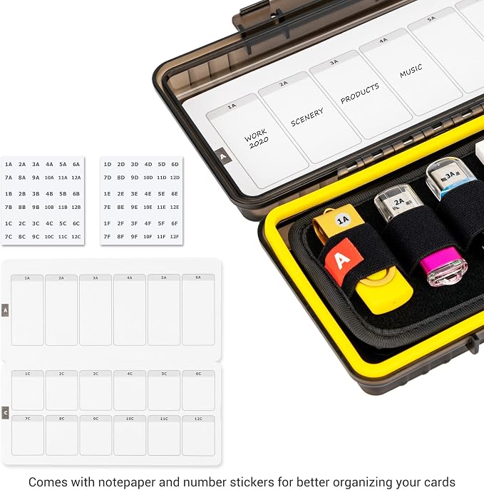 JJC Hard Flash Drive SD Card Case Holder for 12 USB Type A/C & 24 SD Cards | Water-Resistant & Shockproof Thumb Drive Storage Case, Double-sided Flap & Elastic Slots Design, with Carabiner & Sticker - Image 4