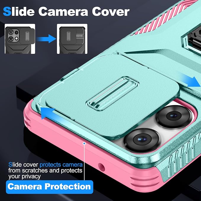 for Moto G Play 5G 2025 Case with Sliding Camera Lens Cover,HD Screen Protector,360° Rotating Ring Kickstand,AYMECL Military-Grade Shockproof Protective Cover for Motorola G Power 2025,Mint+Pink - Image 3