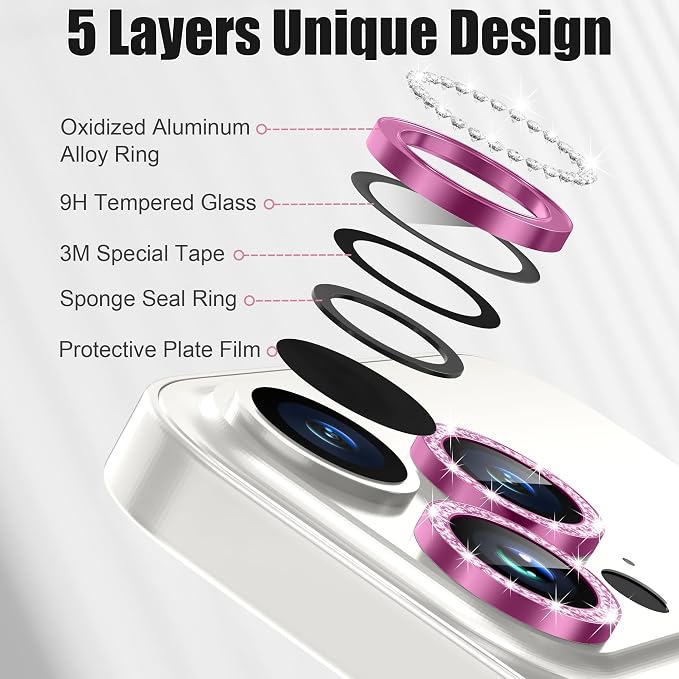 AGVEE 3+3 6 Pack for iPhone 15 Pro & Max Camera Lens Protector Cover | Individual Bling Diamond & Bling Glitter Sparkle Cute Gem Metal Ring, 9H Tempered HD Glass - Image 7