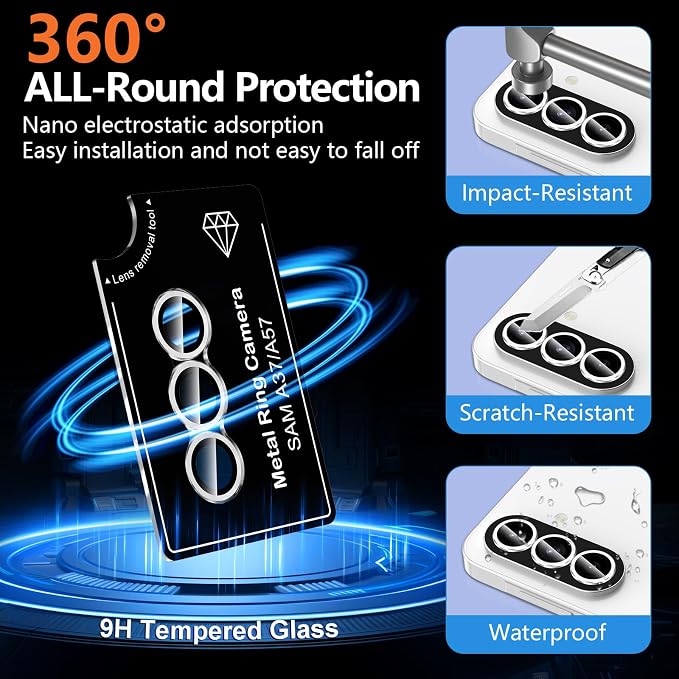 for Samsung Galaxy A37/A57 Camera Lens Protector, Individual Metal Ring Tempered Glass Lens Cover, [Strong Adsorption] Scratch Resistant Ultra-Thin HD Clear Lens Cover, 1 Set-Silvery - Image 2