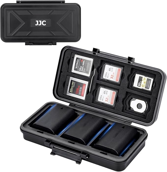JJC Multi-Function Camera Battery Memory Card Storage Case for 6 SD Card,6 CFexpress Type-B/XQD Cards,5 CFexpress Type-A Cards,8 AA Batteries,3 Camera Batteries Holder Box for LP-E6 NP-FZ100 NPW235 by JJC