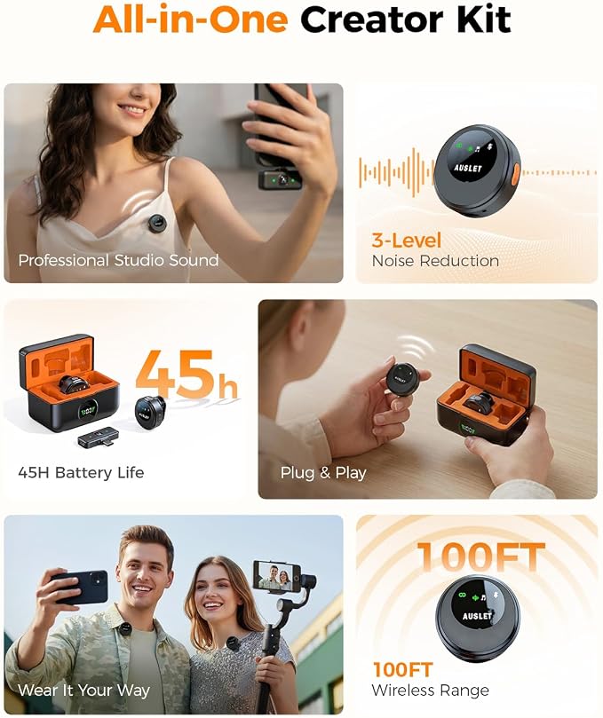Wireless Lavalier Microphone for iPhone Android, AI Noise Reduction | Studio-Grade Audio Quality, 45H Battery Life, 100ft Stable Wireless Range, Magnetic Dual Wearing Options, Clear Voice Capture - Image 8