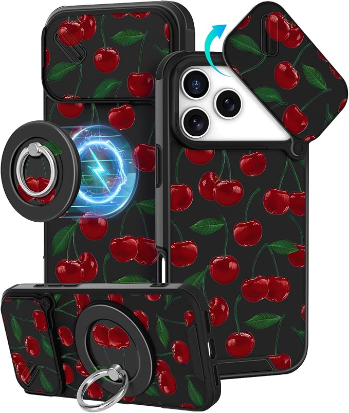 Buleens for iPhone 17 Pro Case 6.3 Inch - with Ring Stand & Camera Cover Aesthetic Cute Designed for Women Girls Girly Pretty Kawaii Cherry Teens Phone Case for iPhone 17 Pro Compatible with Magsafe by Buleens