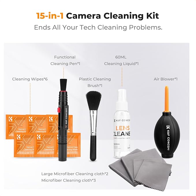 K&F CONCEPT 15 in 1 Camera Pro Cleaning Kit for DSLR and Sensitive Devices | 60ml Purified Water, Strong Blower, Multifunctional Pen, Portable Cloth, Camera Accessories and Photography Accessori,MK04 - Image 2