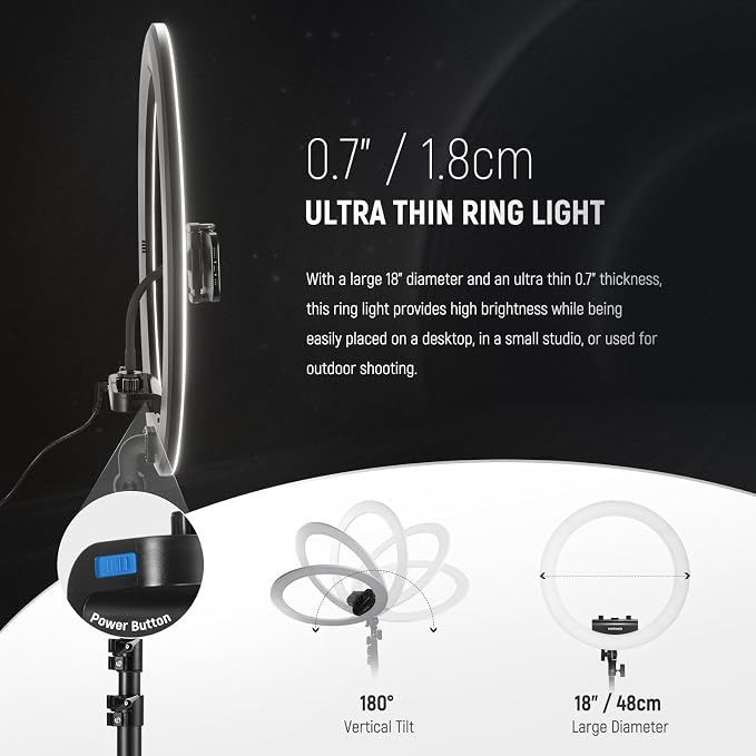 NEEWER Professional 18 Inch Ring Light with Tripod Stand Phone Holder Compatible with iPhone, 45W Remote Shutter App Control, Video Recording Makeup Selfie Studio Streaming Filming, RP18B Pro Black | Compatible with iPhone, 45W, Remote Shutter, App Con... - Image 2